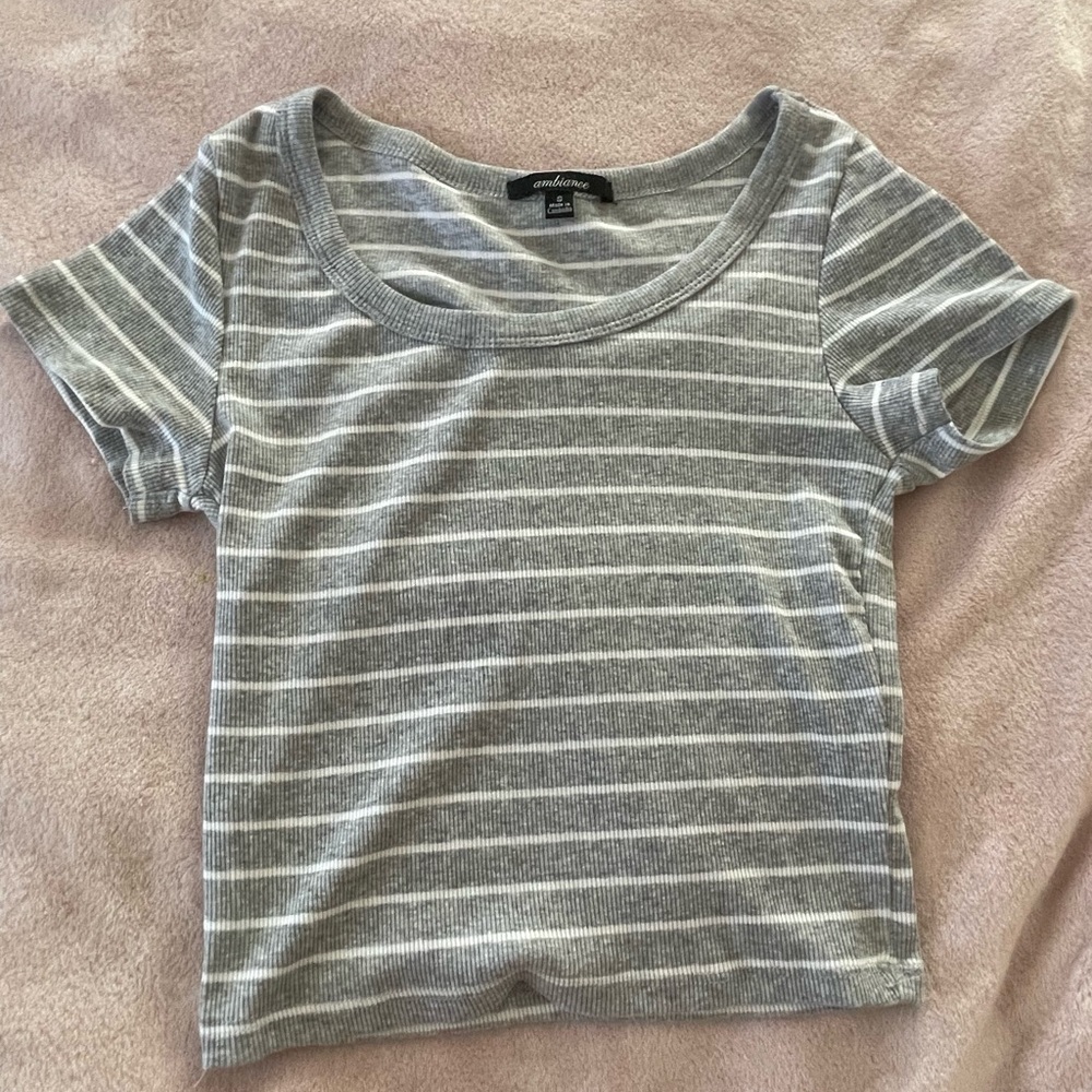 grey and white striped shirt, size small
